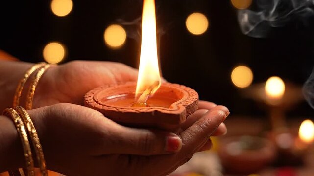 Lighting diwali diwa lamp with matchstick for indian festival celebration bokeh background