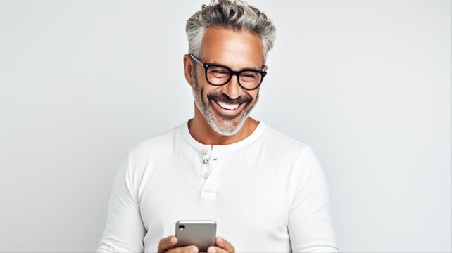 Smiling Man with Glasses and Phone: A middle-aged man with stylish gray hair and beard, wearing glasses and a casual white shirt, smiles genuinely while looking at his smartphone.