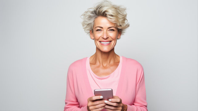 A Stylish Woman with a Mobile Phone: A confident, mature woman with a chic, short hairstyle and a warm smile holds a mobile phone, exuding a sense of modern elegance and connection.