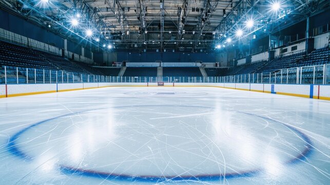 Indoor ice rink empty with bright lighting and seating area
