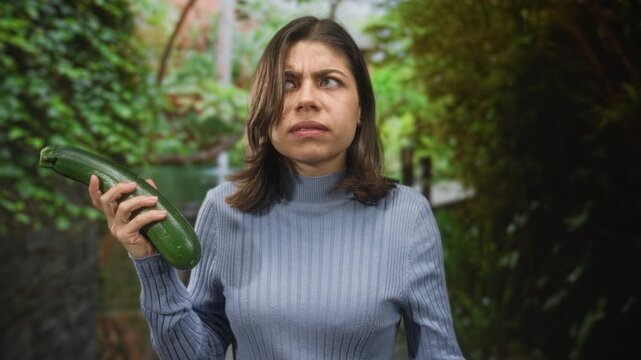 Woman holding a large zucchini with hand, furrowed brow and puzzled glance in a forest setting; confusion.