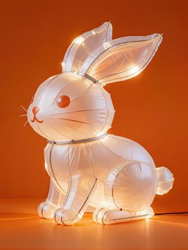 Whimsical rabbit shaped mid autumn lantern sculpture made of transparent inflatable plastic features long ears and soft folds against a vibrant tangerine orange background for art

