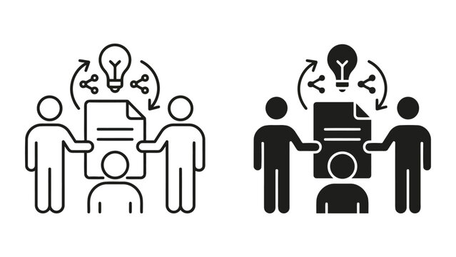 Team collaboration and knowledge sharing icon set with collaboration, knowledge