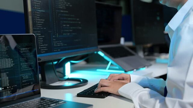 Software developer typing code on a keyboard and analyzing scripts on multiple screens in a dark, high-tech development office.