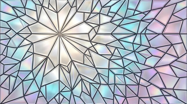 Iridescent stained glass pattern with geometric shapes and a colorful rainbow effect