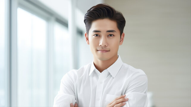 Confident Businessman: A young, professional Asian man in a crisp white shirt with his arms crossed, exuding confidence and ambition.