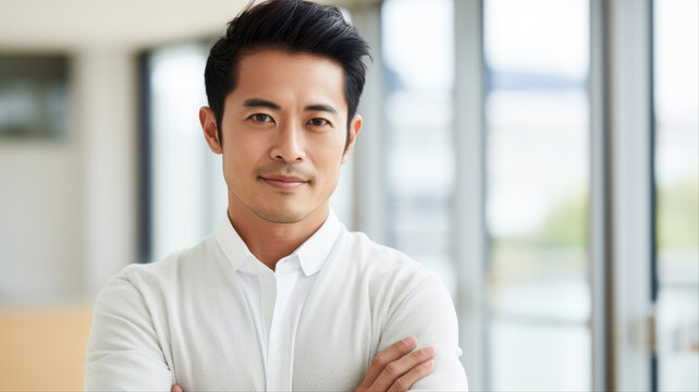 Confident Asian Professional: A handsome Asian man with arms crossed and a slight smile exudes confidence and professionalism, standing in a modern, sunlit office space.