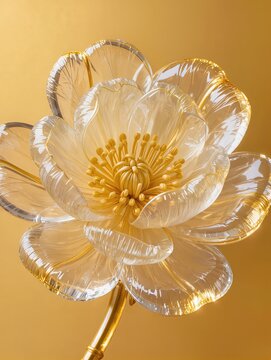 A cluster of delicate osmanthus flowers recreated entirely from transparent inflatable plastic, tiny inflated petals and leaves with intricate folds, glossy translucent surfaces