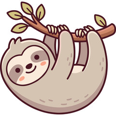 Obraz premium Cute cartoon sloth hanging from a tree branch, kawaii animal illustration for kids and stickers
