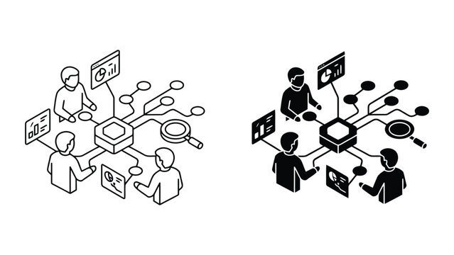 Team working on centralized data connection hub icon set with connection