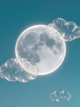 A dreamy full moon surrounded by three soft floating clouds, all recreated from transparent inflated plastic, realistic wrinkles and air pockets across every form