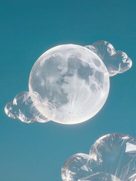 A dreamy full moon surrounded by three soft floating clouds, all recreated from transparent inflated plastic, realistic wrinkles and air pockets across every form