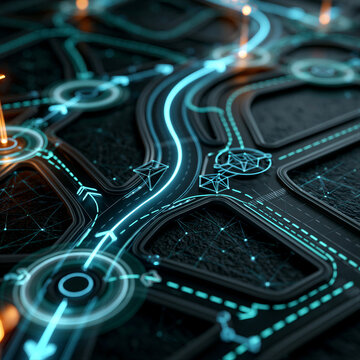 Top-down autonomous routing on dark map. Neon blue paths, dashed cyan routes, translucent halos over holographic grid. Teal volumetric glow on navy backdrop. Clean space for AI tech presentations.