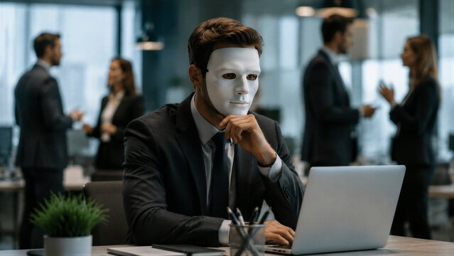 Man wearing white mask working at laptop in office