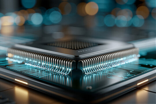 Autonomous driving computing chip on sleek stand with BGA pins, metal cooling fins, cyan data trails, cinematic lighting, and copy space for tech advertising.