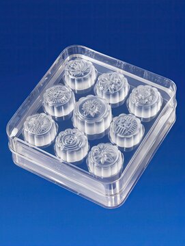 A luxurious traditional Chinese mooncake gift box recreated as a transparent inflatable plastic sculpture, rectangular box with rounded inflated edges, several translucent mooncakes visible inside
