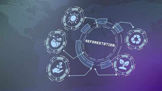 Reforestation concept featuring forest renewal, tree planting, habitat recovery, biodiversity protection and climate action.