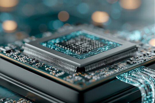 Autonomous driving computing chip on sleek stand with BGA pins, metal cooling fins, cyan data trails, cinematic lighting, and copy space for tech advertising.