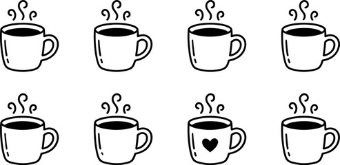 Obraz premium A collection of hand drawn coffee cups with steam in a simple black and white vector illustration for cafe menu design