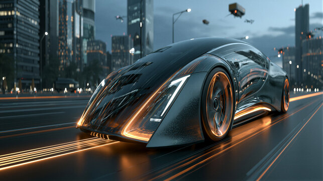 Futuristic smart city panorama with sleek self-driving cars on glowing roads, cinematic volumetric lighting, and ample sky negative space. Perfect for tech hero banners and innovation campaigns.