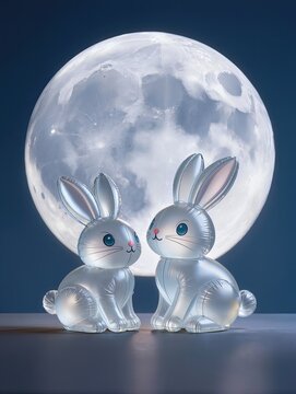A magical composition featuring a cute Jade Rabbit sitting beside a gigantic full moon, both recreated from transparent inflatable plastic