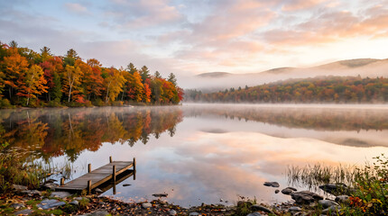 Obraz premium Serene autumn landscape featuring a wooden dock on a calm lake reflecting vibrant fall foliage trees and misty mountains under a beautiful sunrise sky in New England wilderness park scenery