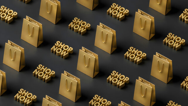 Gold shopping bags and Shop Now text on black background for Black Friday sale event