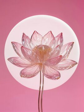 Magnificent transparent inflated plastic lotus sculpture with overlapping wrinkled petals and translucent edges glowing from white backlighting against a saturated pink background for minimalist art

