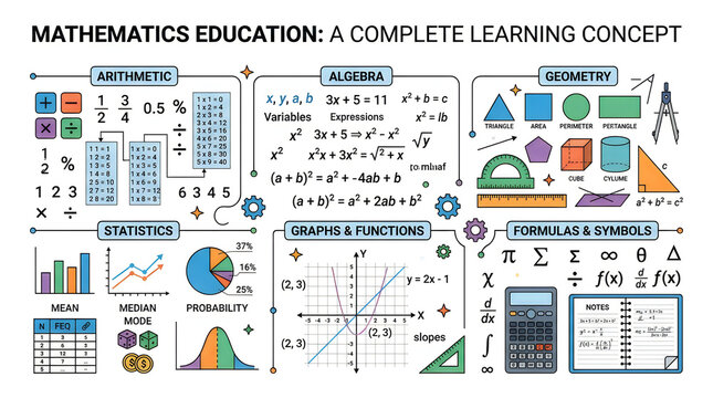 Set of colorful business and education math icons and data charts