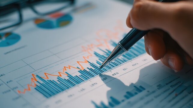 Stock market analysis, business, finance and investment. Finance analyst analyzing stock market trading graph, economic growth chart, planning and strategy, business investment with financial report.
