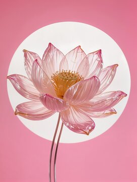 Magnificent transparent inflated plastic lotus sculpture with overlapping wrinkled petals and translucent edges glowing from white backlighting against a saturated pink background for minimalist art

