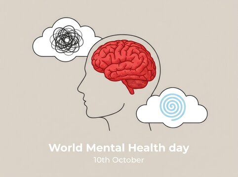 Conceptual illustration for world mental health day showing a human head with brain and thought clouds
