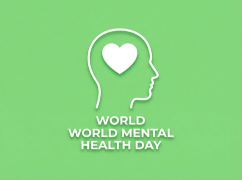 Minimalist graphic design featuring a human head silhouette with a heart for world mental health day