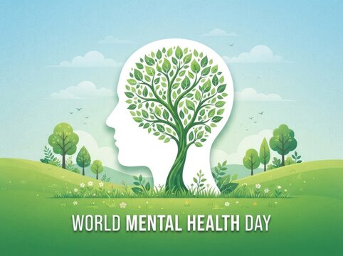 A conceptual illustration of a human head with a tree inside for world mental health day