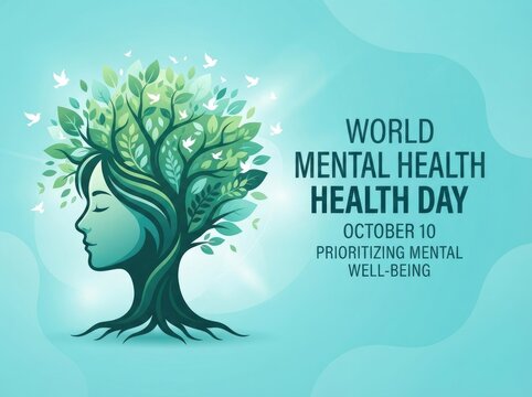 Conceptual illustration of a human head shaped like a tree for world mental health day event
