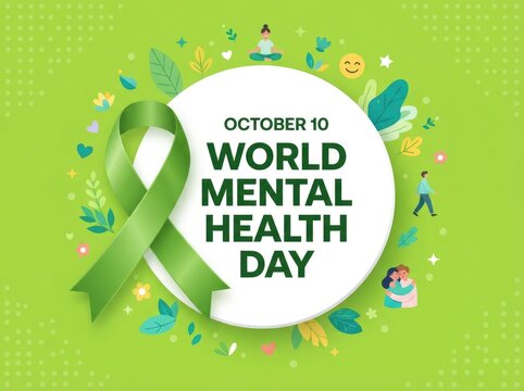 Green ribbon illustration for world mental health day event with decorative icons on light green background
