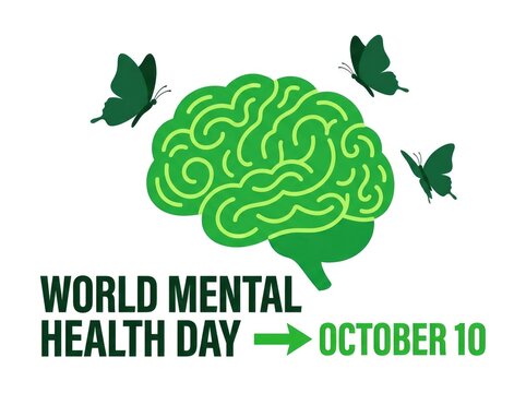 Green human brain illustration with butterflies for the annual observance of world mental health day event