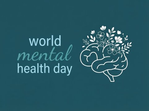 Minimalist illustration of a human brain with blooming flowers for the annual world mental health day event