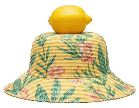 Yellow floral bucket hat with fresh lemon on top with transparent backdrop