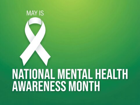 Green background with ribbon symbol for national mental health awareness month and world mental health day campaign