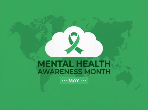 Green background graphic for world mental health day and awareness month with a ribbon and cloud