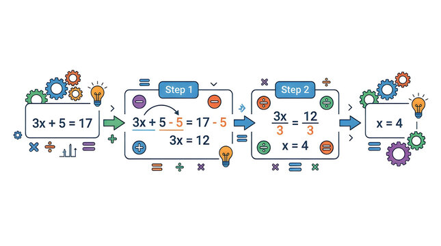 Mathematical equation solving steps with colorful icons and arrows