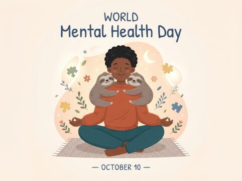 A peaceful illustration celebrating world mental health day featuring a person meditating in a calm pose