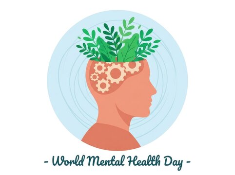 Conceptual illustration of human head with plants and gears for world mental health day awareness campaign
