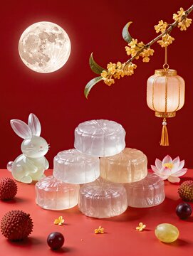 A sophisticated symbolic Mid-Autumn Festival still life featuring transparent inflatable mooncakes, a glowing full moon, Jade Rabbit, Chinese lantern, lotus flower, osmanthus branch and small fruit