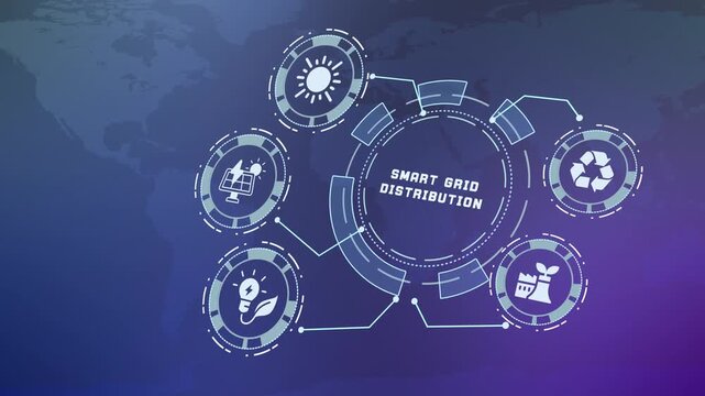 Smart grid distribution concept connecting renewable power, digital energy networks, efficiency and intelligent infrastructure.