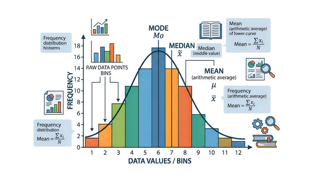 Normal distribution bell curve graph with statistical data analysis icons
