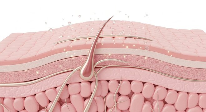 Detailed 3D cross section of human skin layers with hair follicle and cells