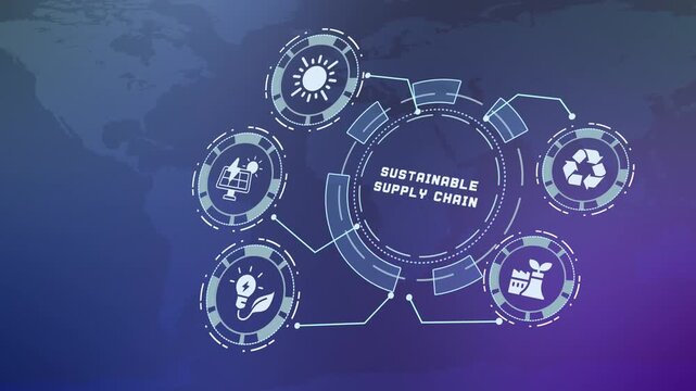 Sustainable supply chain concept with eco logistics, responsible production, renewable energy and resource efficiency for modern business.