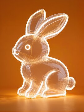 Whimsical rabbit shaped mid autumn lantern sculpture made of transparent inflatable plastic features long ears and soft folds against a vibrant tangerine orange background for art

